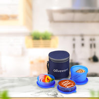 oliveware Lovely Little Plastic Lunch Box, Microwave Safe & Leak Proof, Food Grade BPA Free 3 Containers (290ml, 290ml, 600ml), Fabric Bag - Blue