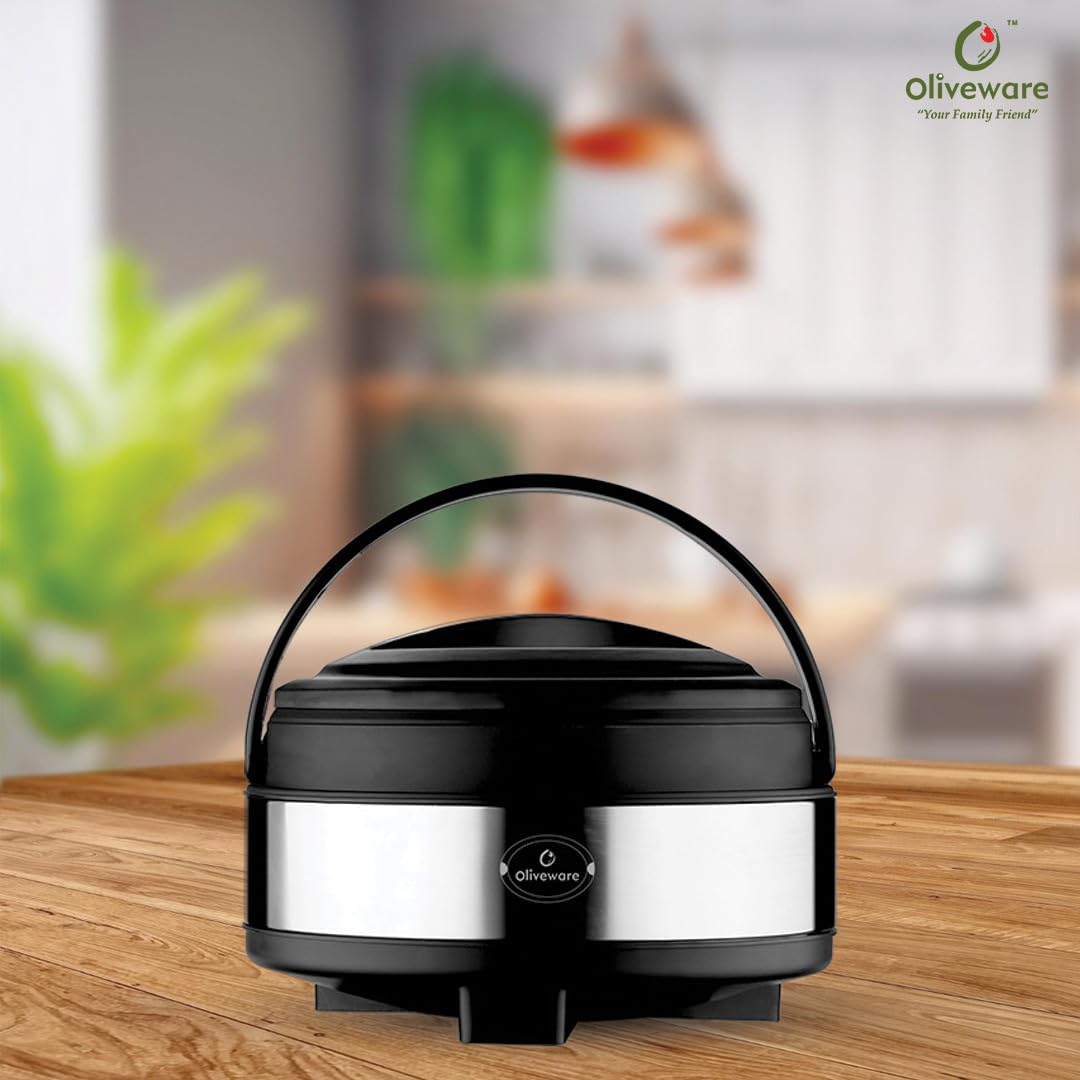 oliveware Glory Insulated Casserole | High Grade Stainless Steel | Insulated | Steel Interior | Puff Insulated Lid | Keeps Chapati, Food, Curry | Easy to Carry Handle | Sturdy Base | 2500 ml