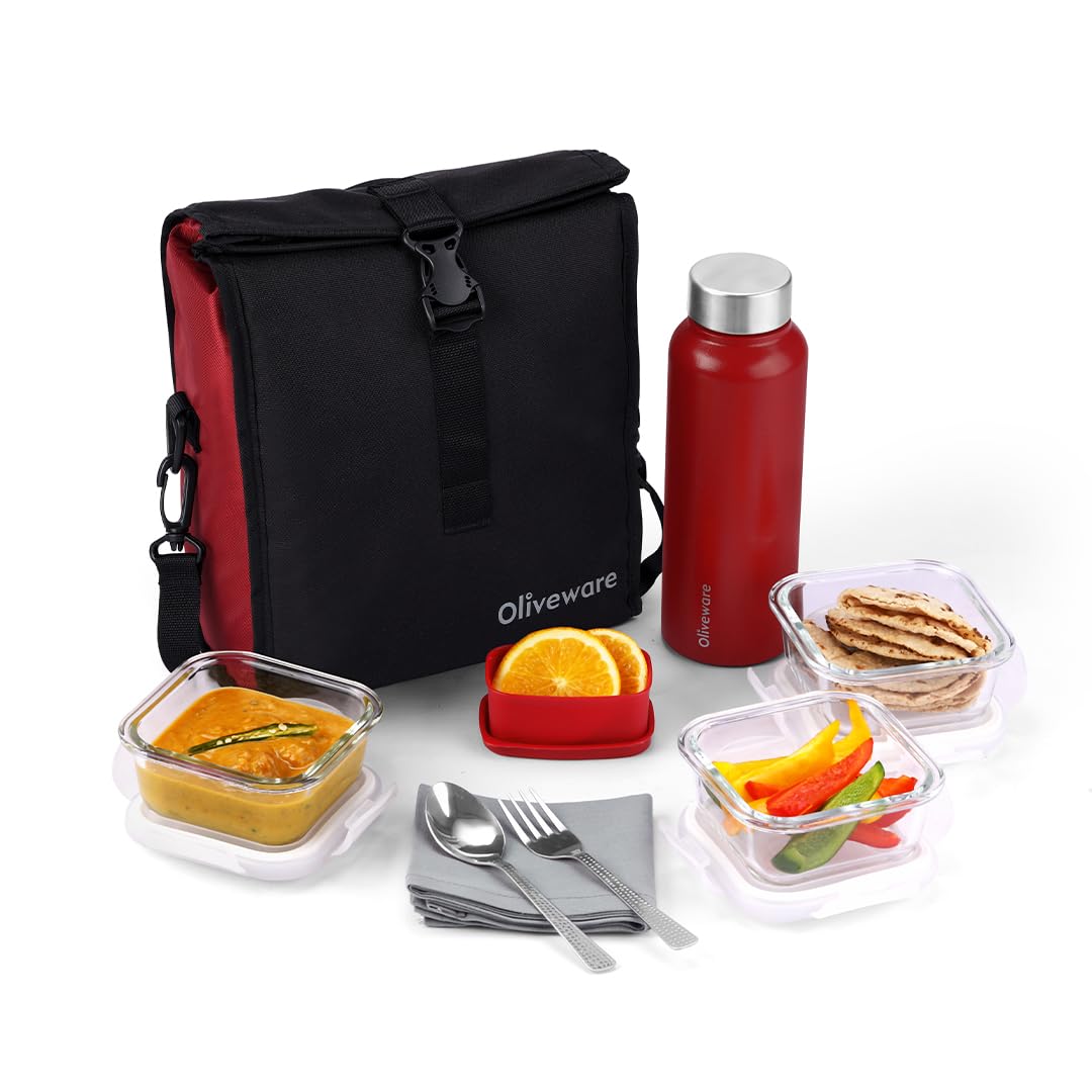 SOPL-OLIVEWARE Crystal Lunch Box with Steel Cutlery, BPA Free Lids, 3 Microwave Safe Glass Containers(3 * 320Ml Each), Plastic Pickle Box (130ml), Steel Water Bottle(750ml)