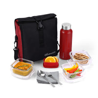 SOPL-OLIVEWARE Crystal Lunch Box with Steel Cutlery, BPA Free Lids, 3 Microwave Safe Glass Containers(3 * 320Ml Each), Plastic Pickle Box (130ml), Steel Water Bottle(750ml)