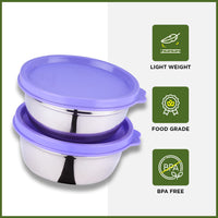 oliveware Elegant Storage Containers, 100% Leak Proof & Spill Proof, 2 Stainless Steel Containers with BPA free Airtight Lid (250 ml Each) - Voilet