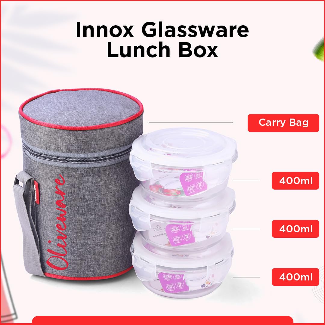 SOPL-OLIVEWARE Innox Glassware Lunchbox, Borosilicate Glass Containers, Microwave Safe & Leak Proof, 3 Containers with BPA Free Airtight Lids (400ml) Each - Red