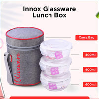 SOPL-OLIVEWARE Innox Glassware Lunchbox, Borosilicate Glass Containers, Microwave Safe & Leak Proof, 3 Containers with BPA Free Airtight Lids (400ml) Each - Red