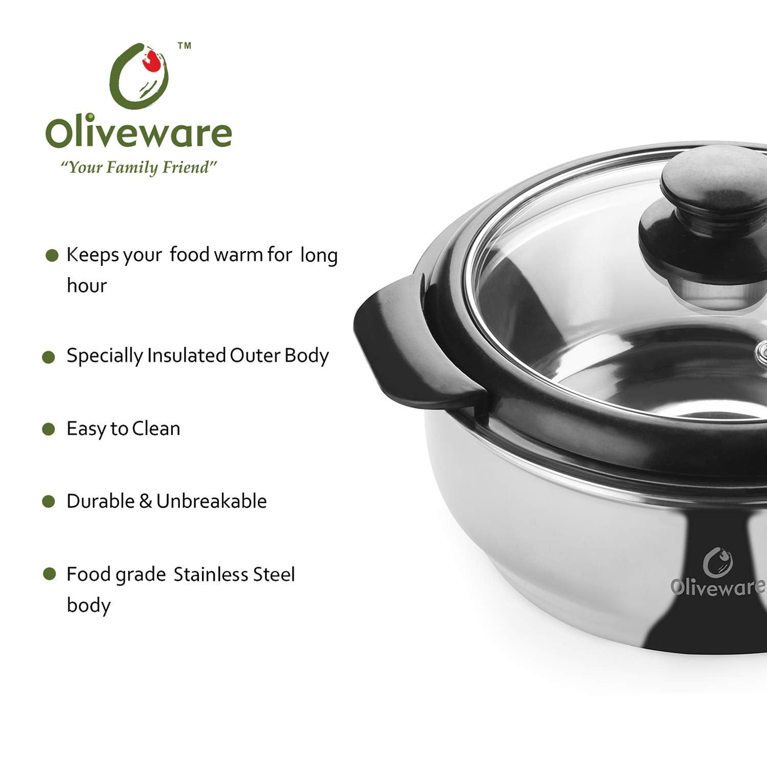 Oliveware Maestro Casseroless Thermosteel & Double Wall Insulation (2000 ml) with Insulated Lid Keep Food Hot, Stainless Steel