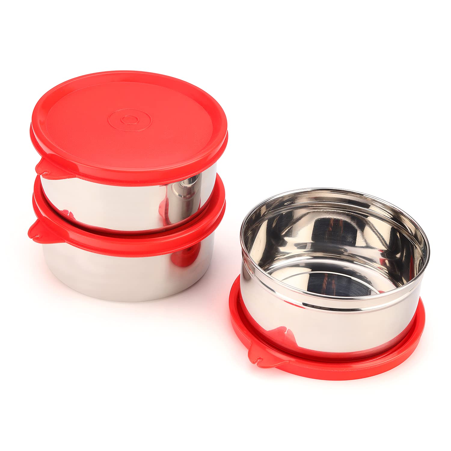 oliveware Magic Storage Containers, 100% Leak Proof and Spill Proof, 2 Stainless Steel Containers with BPA Free Airtight Lid (450ml Each) - Red