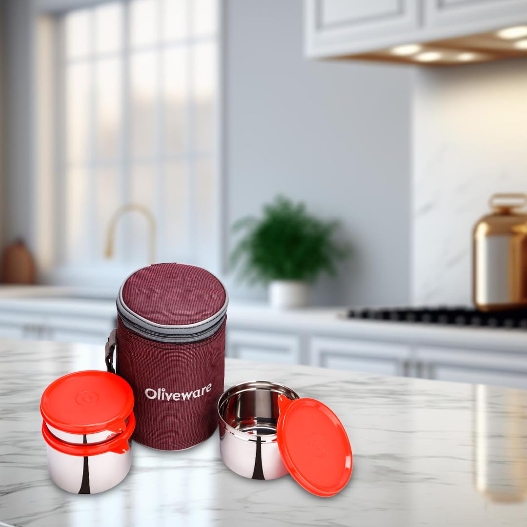 oliveware Angelic Lunch Box, Leak Proof, 3 Stainless Steel Containers with BPA Free Airtight Lid (450ml, 450ml & 250ml), Insulated Fabric Bag - Maroon