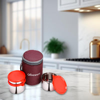 oliveware Angelic Lunch Box, Leak Proof, 3 Stainless Steel Containers with BPA Free Airtight Lid (450ml, 450ml & 250ml), Insulated Fabric Bag - Maroon