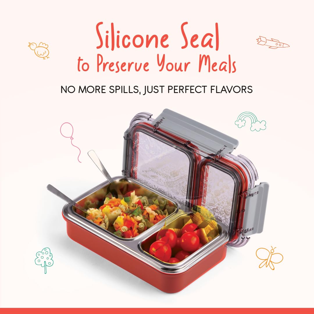 Oliveware Bento Master 2 Lunch Box | with 2 dividers | Steel Spoon | Stainless Steel | Dishwasher & Freezer Safe (Bento 2, Orange)