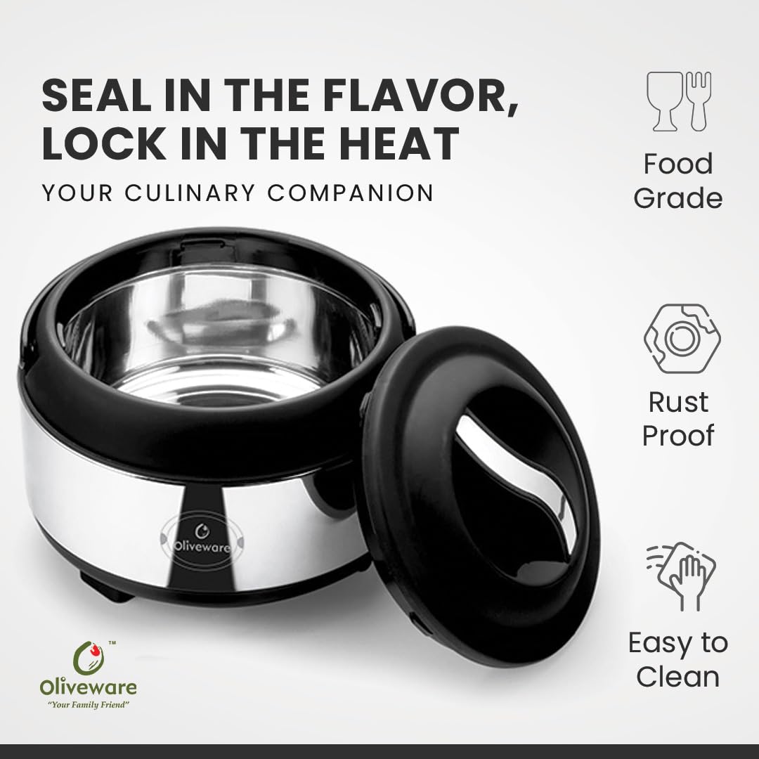oliveware Glory Insulated Casserole | High Grade Stainless Steel | Insulated | Steel Interior | Puff Insulated Lid | Keeps Chapati, Food, Curry | Easy to Carry Handle | Sturdy Base | 2500 ml