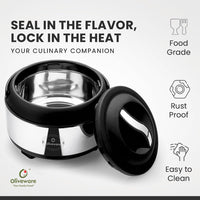 oliveware Glory Insulated Casserole | High Grade Stainless Steel | Insulated | Steel Interior | Puff Insulated Lid | Keeps Chapati, Food, Curry | Easy to Carry Handle | Sturdy Base | 2500 ml