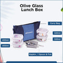 SOPL-OLIVEWARE Olive Glass Lunch Box, Insulated Fabric Bag, Leak Proof & Microwave Safe, Borosilicate Glass, Set of 4 (2 * 320ml & 2 * 400ml) - Blue
