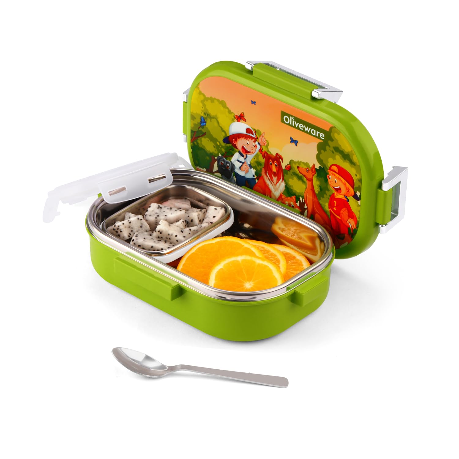 Oliveware Snacky Kids Lunch Box, Stainless Steel in 700ml Include Sabzi Container(180ml) & Steel Spoon, Food Grade BPA Free, Leak Proof & Colourful Designs (Green)