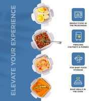 SOPL-OLIVEWARE Slick Glass Lunch Box, Borosilicate Glass Container with BPA Free Lids, Napkin & Steel Cutlery, Microwave Safe, Set of 4 (320ml) Each - Blue