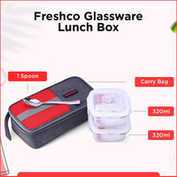 SOPL-OLIVEWARE Freshco Glassware Lunchbox, Borosilicate Glass & Microwave Proof, Safety Lock Airtight Lid, 2 Container with Steel Spoon (320ml) Each - Red