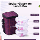 SOPL-OLIVEWARE Spyker Glassware Square Lunchbox, Borosilicate Glass Containers, Microwave Safe & Leak Proof, 3 Containers with BPA Free Lids (320ml) Each - Voilet