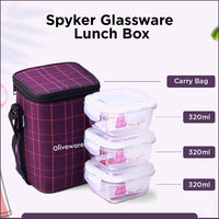 SOPL-OLIVEWARE Spyker Glassware Square Lunchbox, Borosilicate Glass Containers, Microwave Safe & Leak Proof, 3 Containers with BPA Free Lids (320ml) Each - Voilet