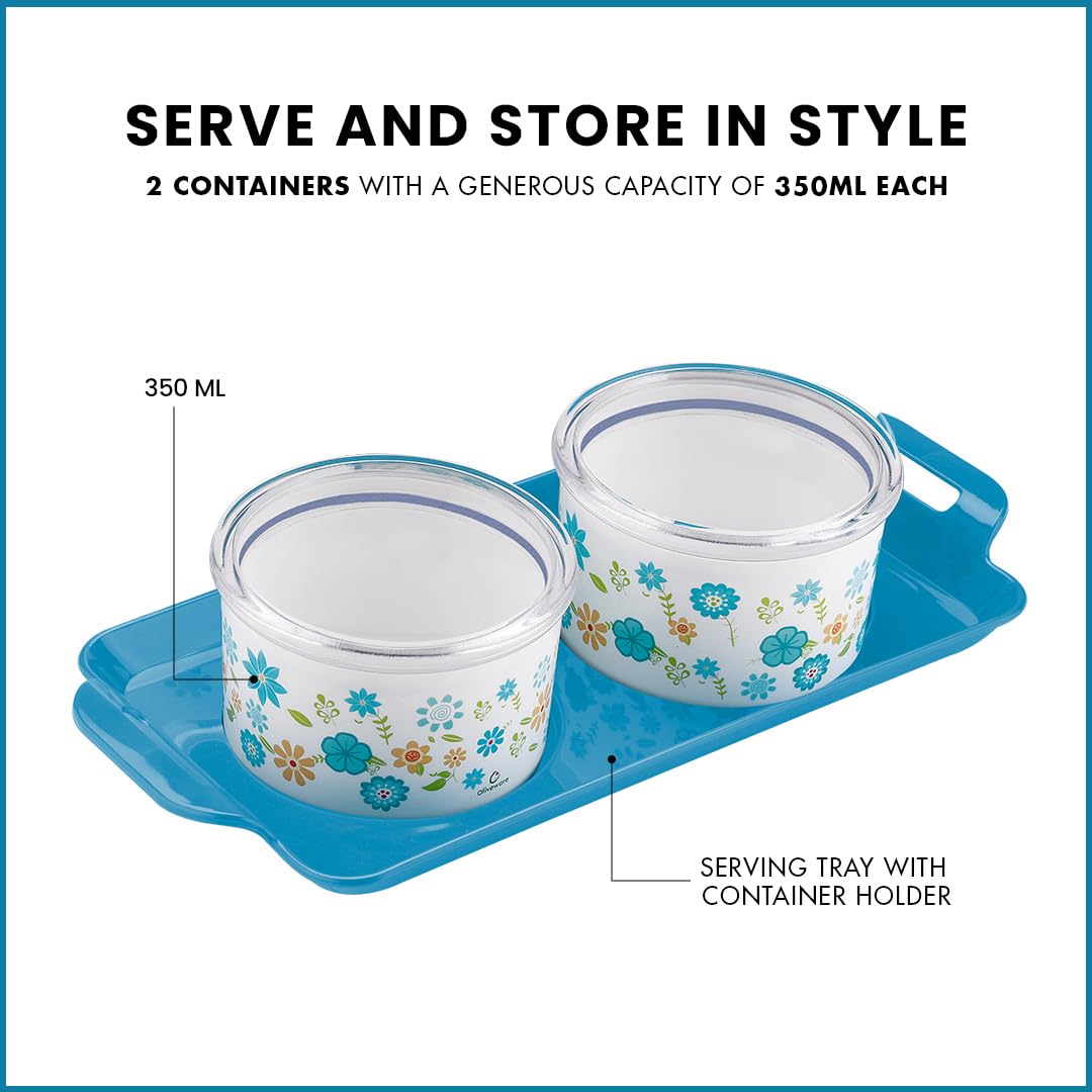 oliveware Blossom Dry Fruit Container Tray with Airtight Lid, BPA Free, For Snacks & Dry Fruits, 2 Containers (350ml) each - Blue