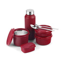 SOPL-OLIVEWARE Teso Pro Elite Lunch Box with Steel Cutlery, BPA free Lids, 3 Microwave Safe Inside Steel Containers(290ml, 450ml & 600ml), Plastic Pickle Box (130ml), Steel Water Bottle(750ml) -Maroon