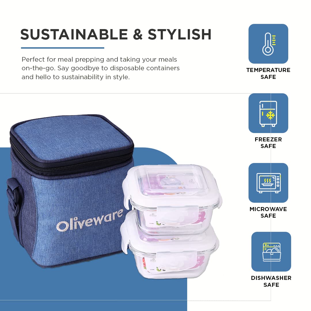 SOPL-OLIVEWARE Roman Glass Lunch Box, Insulated Fabric Bag, Leak Proof & Microwave Safe, Borosilicate Glass Containers with Set of 2 (320ml each)- Blue