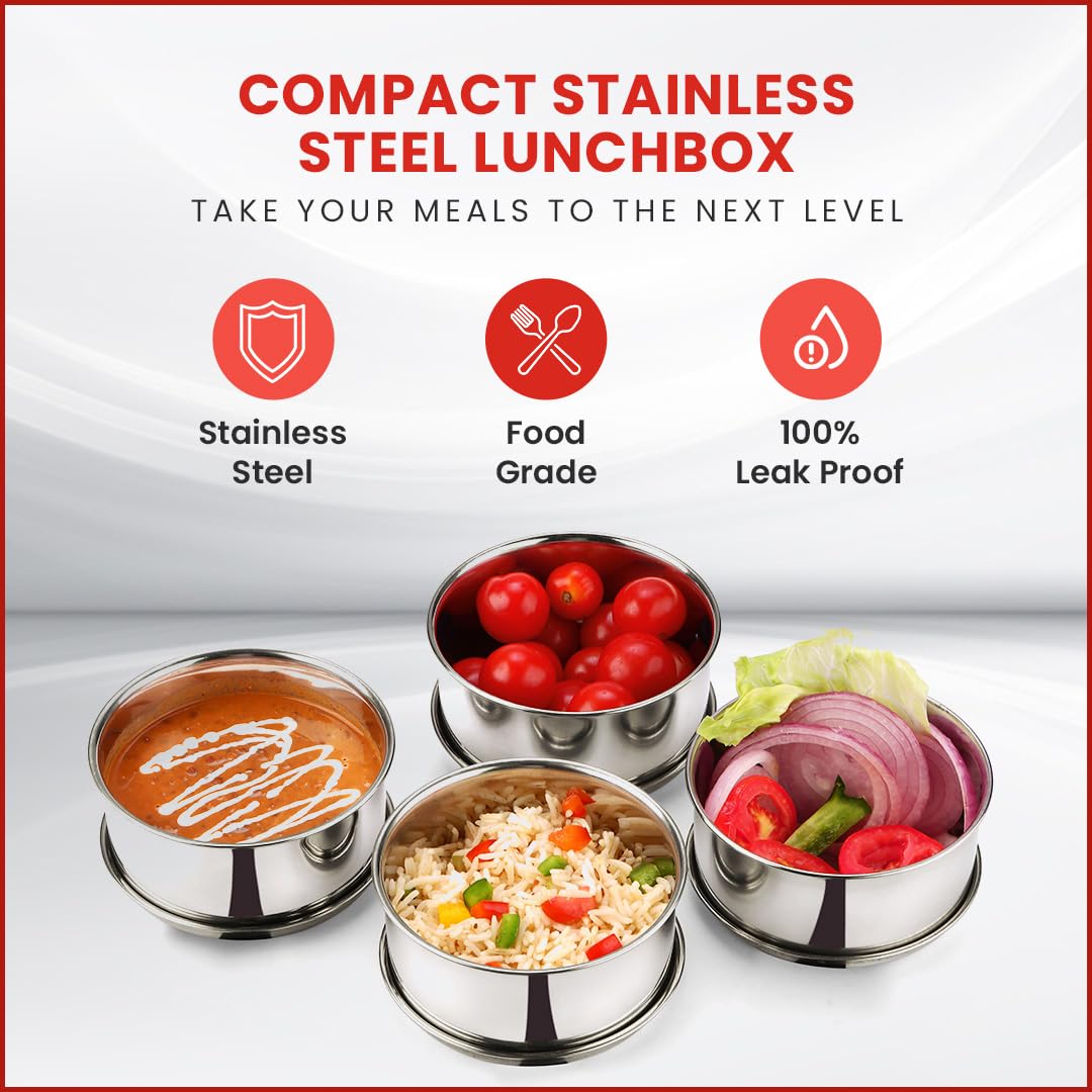 oliveware Jumbo Lunch Box, 4 Stainless Steel Containers with 350ml, Insulated Body, Leak Proof, Full Meal & Easy to Carry - Red