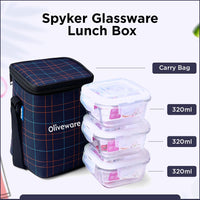 SOPL-OLIVEWARE Spyker Glassware Square Lunchbox, Borosilicate Glass Containers, Microwave Safe & Leak Proof, 3 Containers with BPA Free Lids (320ml) Each - Blue