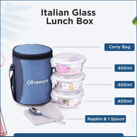 SOPL-OLIVEWARE Italian Glass Lunch Box with Steel Spoon & Napkin, Microwave Safe, Borosilicate Glass Containers, Set of 3 (400ml Each), Fabric Bag - Blue