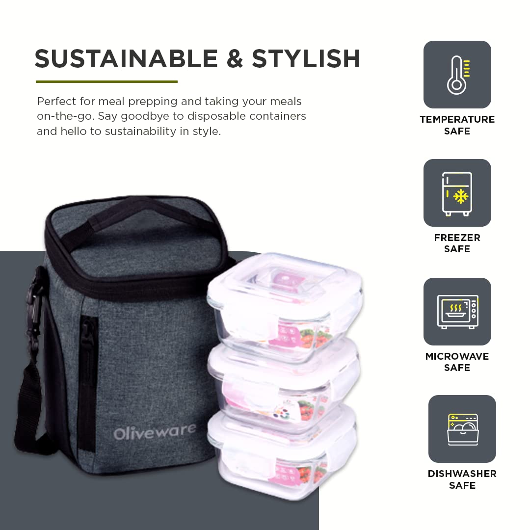 SOPL-OLIVEWARE Ivy Borosilicate Glassware Square Lunchbox, Napkin & Steel Spoon, Microwave Proof, 3 Cointainer with 320ml Each - Grey