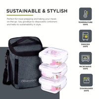 SOPL-OLIVEWARE Ivy Borosilicate Glassware Square Lunchbox, Napkin & Steel Spoon, Microwave Proof, 3 Cointainer with 320ml Each - Grey