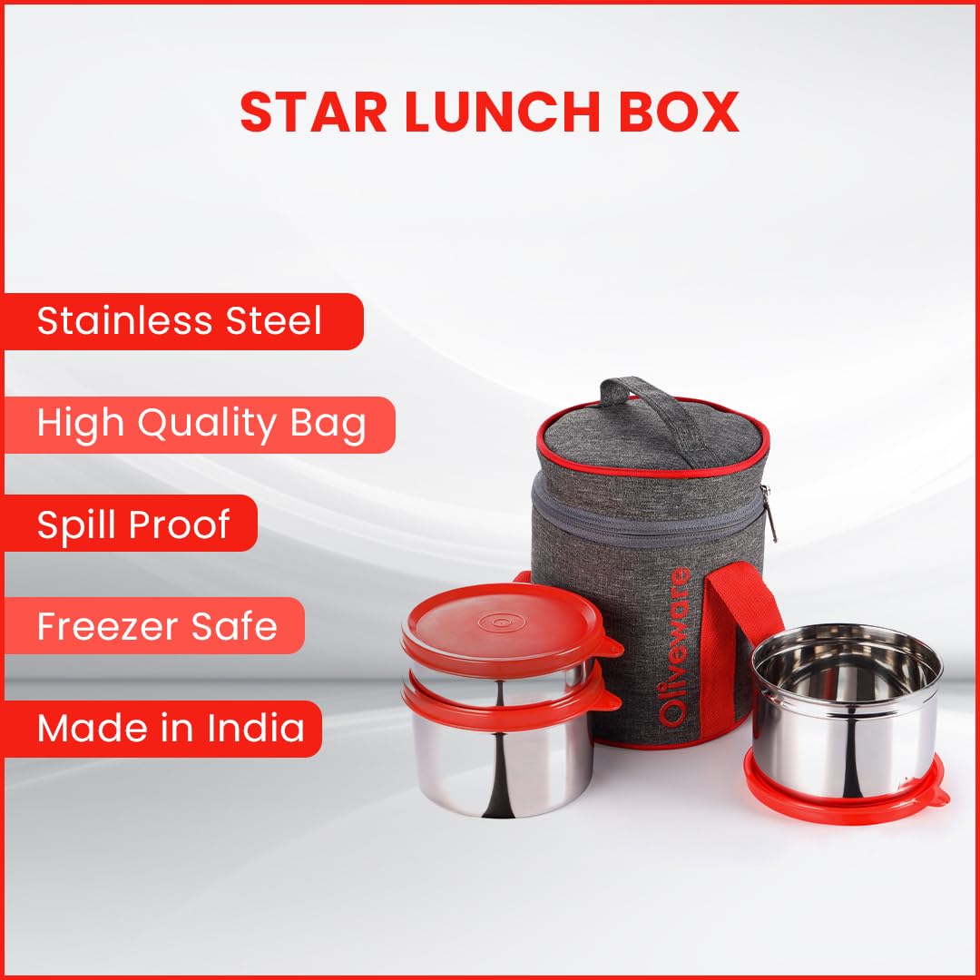 SOPL-OLIVEWARE Star Lunch Box, 100% Leak Proof, 3 Stainless Steel Containers with BPA Free Airtight Lids (600ml, 600ml & 300ml), Fabric Bag - Red