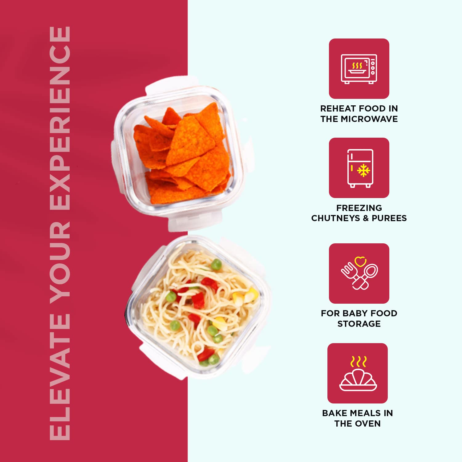 SOPL-OLIVEWARE Feast Glassware Square Lunchbox, Borosilicate Glass Containers, Microwave Safe & Leak Proof, 2 Containers with BPA Free Lids (320ml) Each - Red