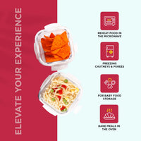 SOPL-OLIVEWARE Feast Glassware Square Lunchbox, Borosilicate Glass Containers, Microwave Safe & Leak Proof, 2 Containers with BPA Free Lids (320ml) Each - Red