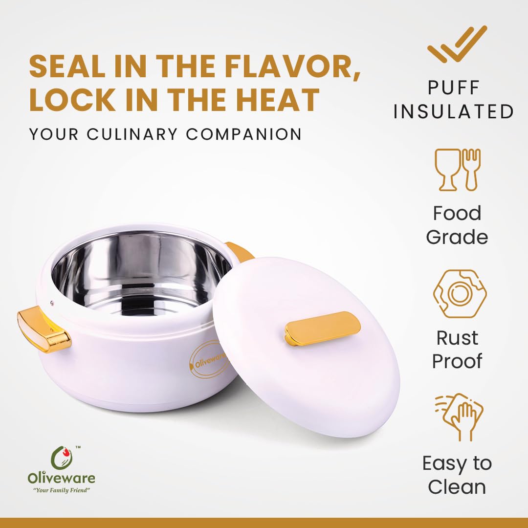 SOPL-OLIVEWARE Fresco Insulated Casserole, Inside Stainless Steel Keep Food Warm, BPA Free, Set of 1 (1000 ml Capacity) - White