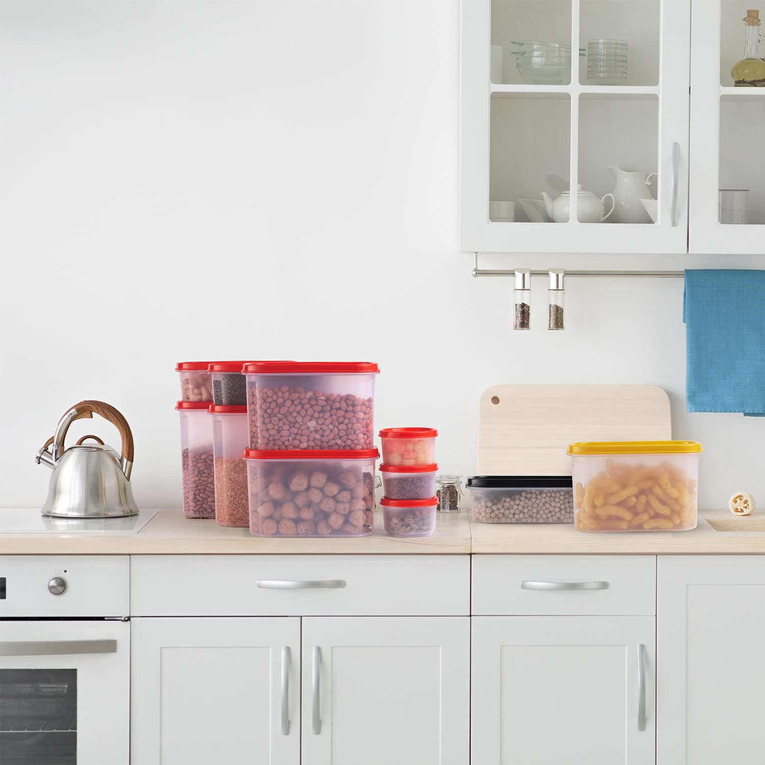 SOPL-OLIVEWARE Modular Storage Containers, BPA Free, For Pulses, Dal, Atta & Flour, Set of 9 (2x1800ml, 2x1200ml, 2x600ml, 3x180ml) - Red, Plastic