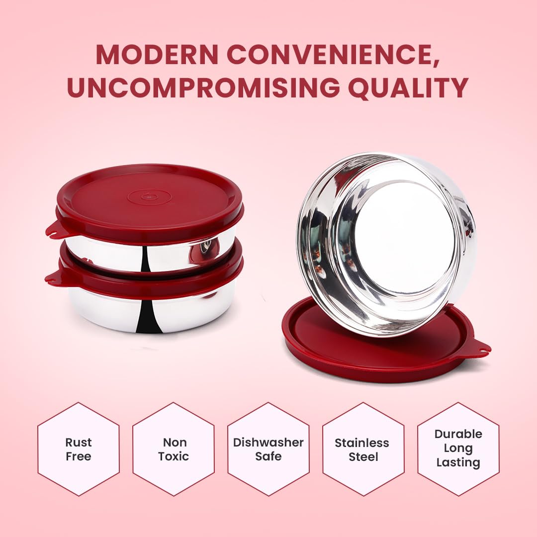 SOPL-OLIVEWARE Magic Storage Container, 100% Leak Proof & BPA Free Lid, Dishwasher Safe, 3 Stainless Steel Containers with 300 ml Each - Maroon