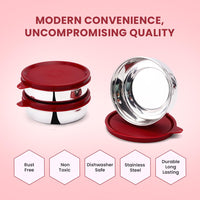 SOPL-OLIVEWARE Magic Storage Container, 100% Leak Proof & BPA Free Lid, Dishwasher Safe, 3 Stainless Steel Containers with 300 ml Each - Maroon