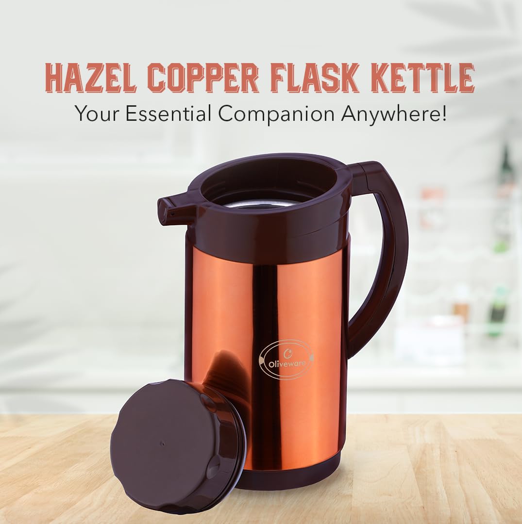 Oliveware Hazel Copper Flask Kettle | 1200 Ml | Functional Lid | Hassle Free Pouring | for Hot & Cold Beverages