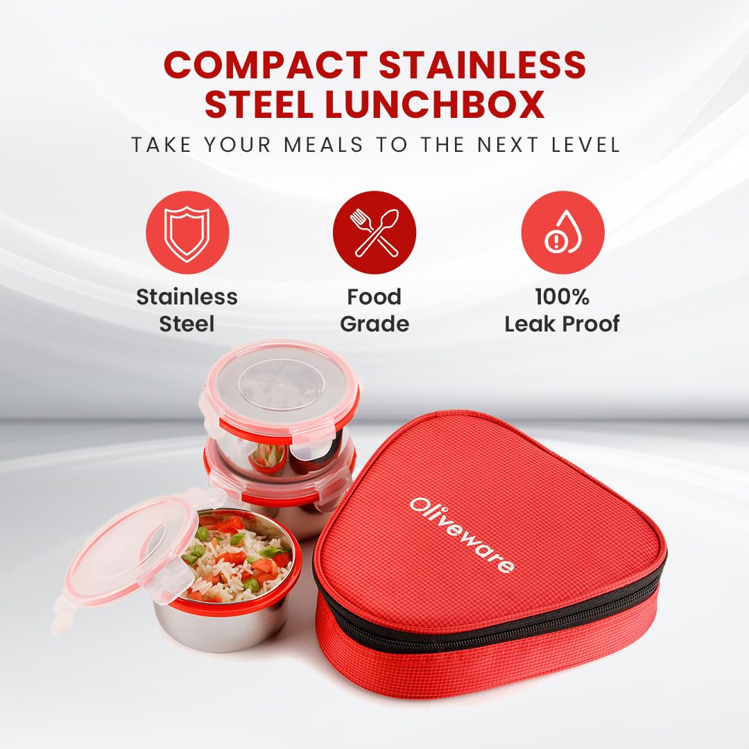 oliveware Freshy Lunch Box, Leak Proof, 3 Stainless Steel Containers with BPA Free Lid (300ml) Each, Fabric Bag - Red
