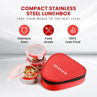 oliveware Freshy Lunch Box, Leak Proof, 3 Stainless Steel Containers with BPA Free Lid (300ml) Each, Fabric Bag - Red