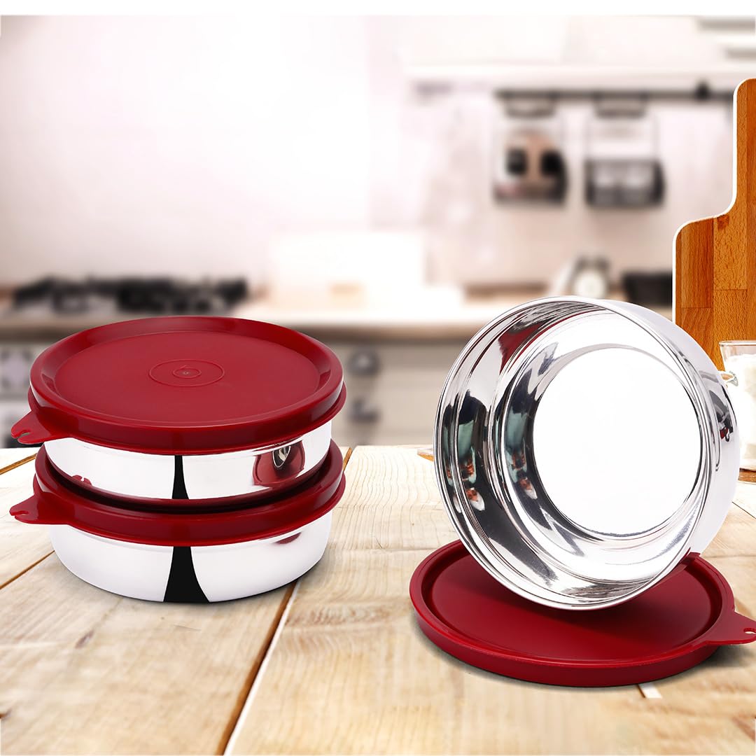 SOPL-OLIVEWARE Magic Storage Container, 100% Leak Proof & BPA Free Lid, Dishwasher Safe, 3 Stainless Steel Containers with 300 ml Each - Maroon