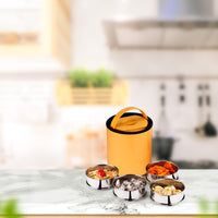 Oliveware - Royal Yellow Stainless Steel Lunch Box - 4 Containers Set | Offiice and Bulk Use | with Container | Full Meal | Handle to Carry with Compartments