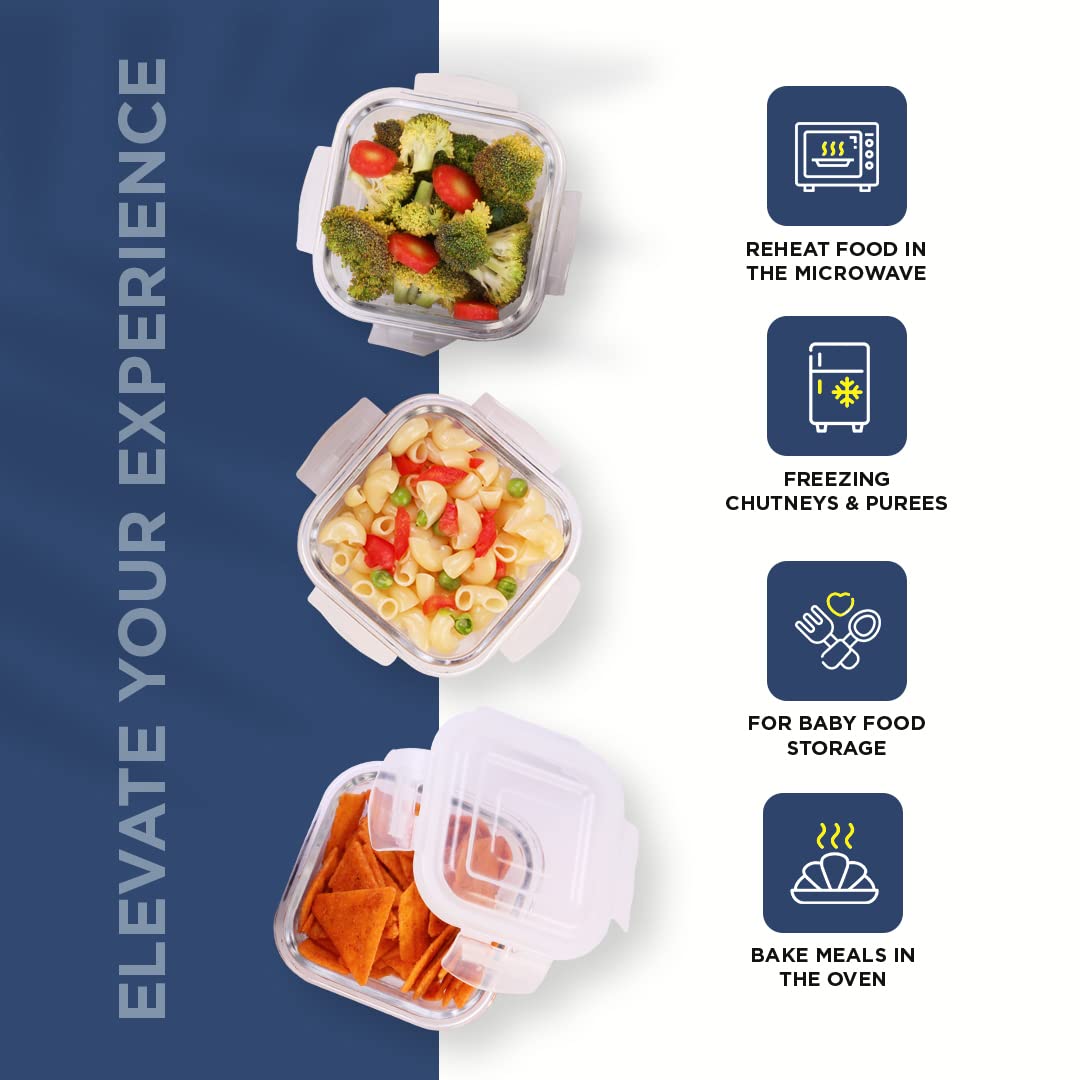 SOPL-OLIVEWARE Bounty Borosilicate Glassware Lunchbox, Microwave & Freezer Safe, Set of 3 containers with BPA Free Airtight Lids (320ml) Each - Blue