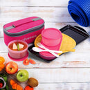 oliveware Double Decker Lunch Box Tiffin, 3 Containers with Plastic Spoon & Fork (300ml, 300ml & 450ml), 100% Leak Proof & BPA Free - Pink