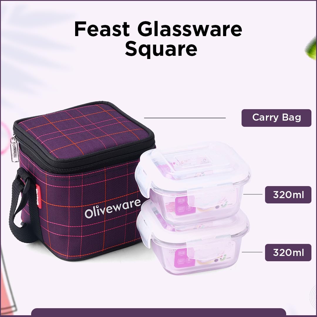 SOPL-OLIVEWARE Feast Glassware Square Lunchbox, Borosilicate Glass Containers, Microwave Safe & Leak Proof, 2 Containers with BPA Free Lids (320ml) Each - Voilet