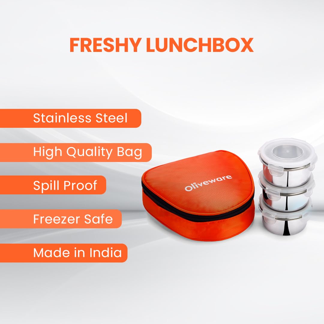 oliveware Freshy Lunch Box, Leak Proof, 3 Stainless Steel Containers with BPA Free Lid (300ml) Each, Fabric Bag - Blue
