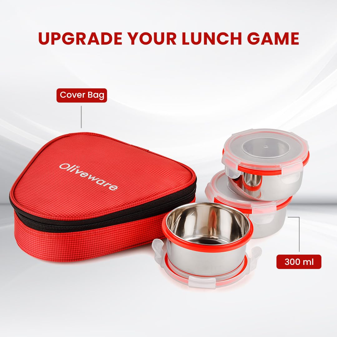 oliveware Freshy Lunch Box, Leak Proof, 3 Stainless Steel Containers with BPA Free Lid (300ml) Each, Fabric Bag - Red