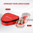 oliveware Freshy Lunch Box, Leak Proof, 3 Stainless Steel Containers with BPA Free Lid (300ml) Each, Fabric Bag - Red