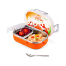 Oliveware Snacky Kids Lunch Box, Stainless Steel in 700ml Include Sabzi Container(180ml) & Steel Spoon, Food Grade BPA Free, Leak Proof & Colourful Designs (Orange)