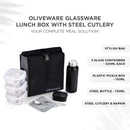 SOPL-OLIVEWARE Crystal Lunch Box with Steel Cutlery, BPA Free Lids, 3 Microwave Safe Glass Containers(3 * 320Ml Each), Plastic Pickle Box (130ml), Steel Water Bottle(750ml)
