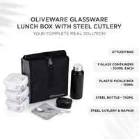 SOPL-OLIVEWARE Crystal Lunch Box with Steel Cutlery, BPA Free Lids, 3 Microwave Safe Glass Containers(3 * 320Ml Each), Plastic Pickle Box (130ml), Steel Water Bottle(750ml)