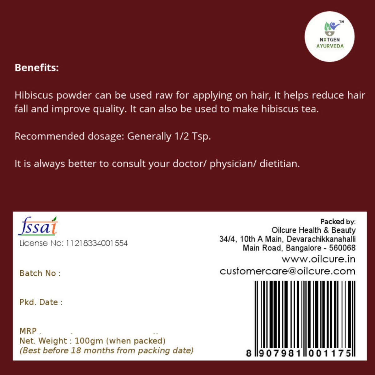 Nxtgen Ayurveda Hibiscus Powder - 100 GMS (Pure & Natural)